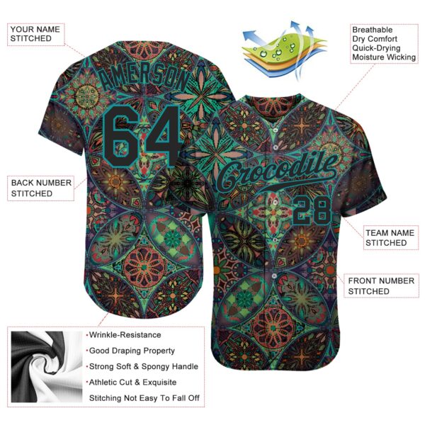 Custom Black Black-Teal 3D Pattern Design Mandalas Authentic Baseball Jersey