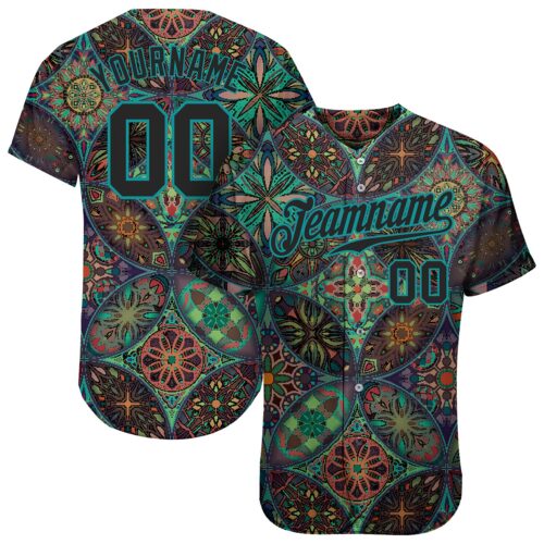 black_0798 Custom Black Black-Teal 3D Pattern Design Mandalas Authentic Baseball Jersey