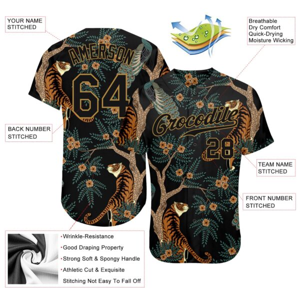 Custom Black Black-Old Gold 3D Pattern Design Tiger And Peacock Authentic Baseball Jersey