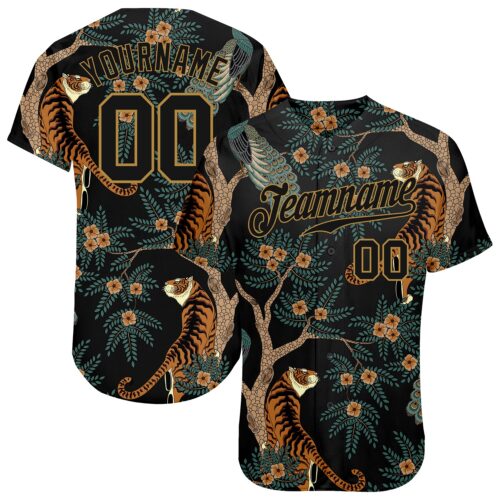 black_0813 Custom Black Black-Old Gold 3D Pattern Design Tiger And Peacock Authentic Baseball Jersey