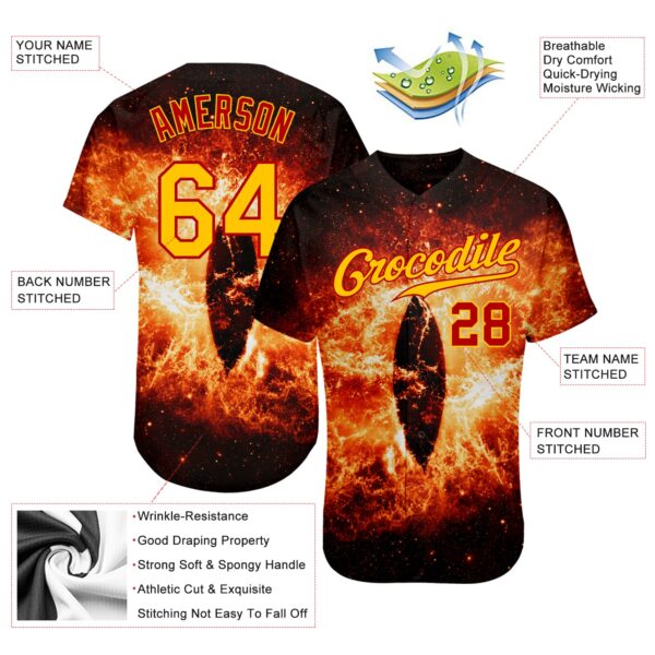 Custom Black Gold-Red 3D Pattern Design Burning Evil Eye In Space Authentic Baseball Jersey