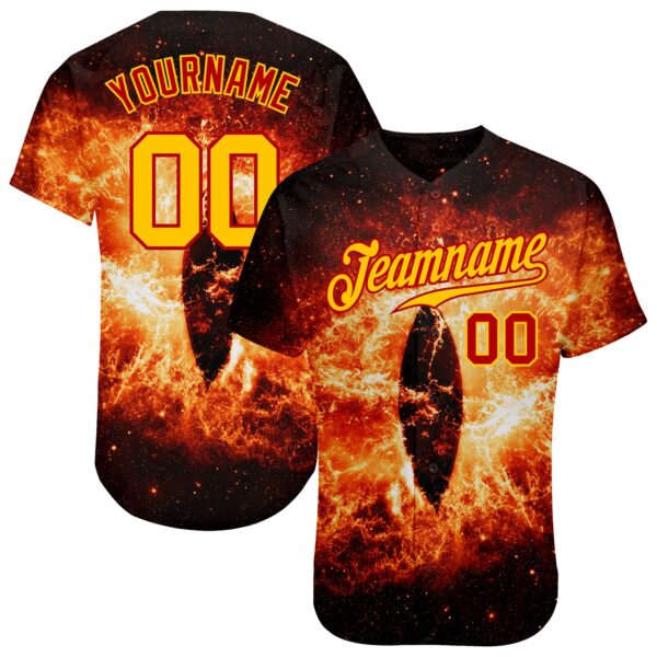 Custom Black Gold-Red 3D Pattern Design Burning Evil Eye In Space Authentic Baseball Jersey