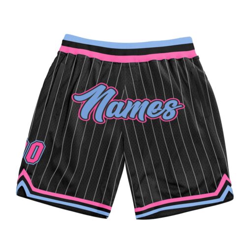 black_0843 Custom Black White Pinstripe Light Blue-Pink Authentic Basketball Shorts