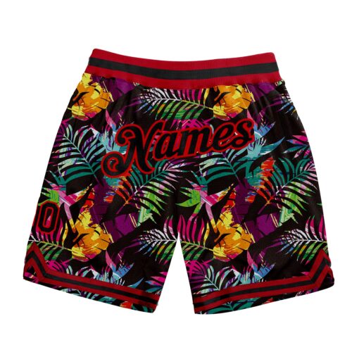black_0865 Custom Black Black-Red 3D Pattern Design Tropical Palm Leaves Authentic Basketball Shorts