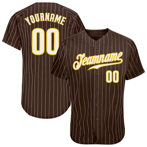brown_0047 Custom Brown White Pinstripe White-Gold Authentic Baseball Jersey