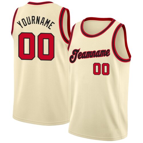 cream_0052 Custom Cream Red-Black Round Neck Rib-Knit Basketball Jersey