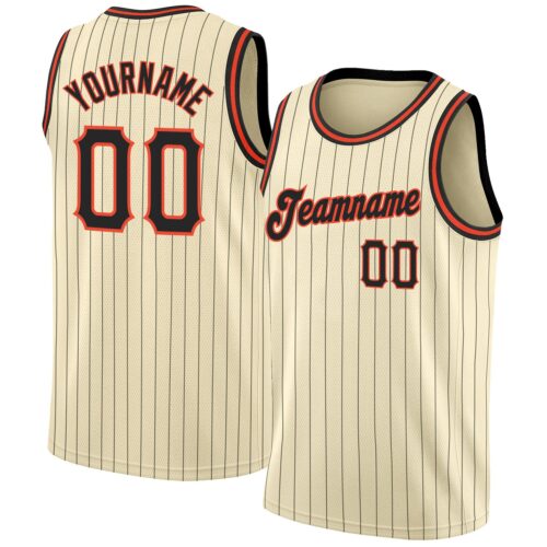 cream_0124 Custom Cream Black Pinstripe Black-Orange Authentic Basketball Jersey
