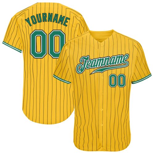 gold_0120 Custom Yellow Black Pinstripe Kelly Green-White Authentic Baseball Jersey