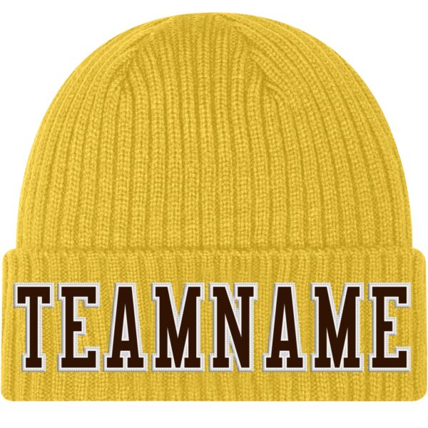 Custom Gold Brown-White Stitched Cuffed Knit Hat