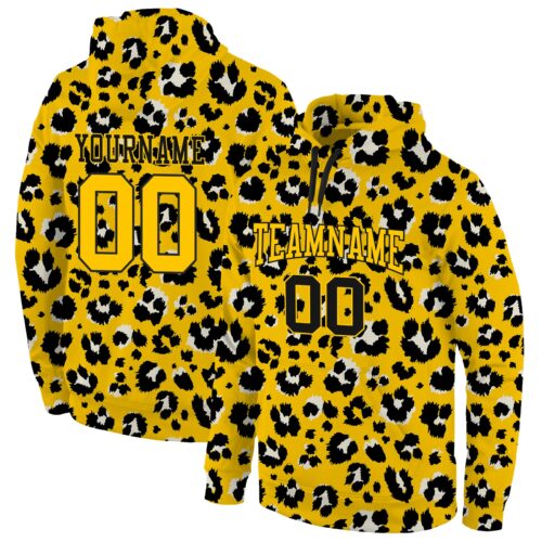 gold_0192 Custom Stitched Gold Gold-Black 3D Pattern Design Leopard Sports Pullover Sweatshirt Hoodie