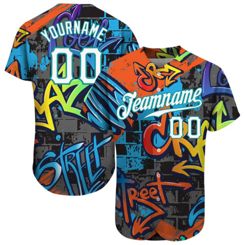 graffiti_pattern_0012 Custom Graffiti Geometric Pattern White-Teal 3D Authentic Baseball Jersey