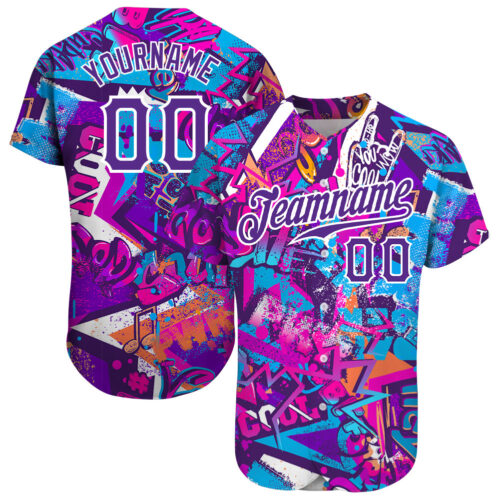 graffiti_pattern_0013 Custom Graffiti Words Pattern White-Purple 3D Authentic Baseball Jersey