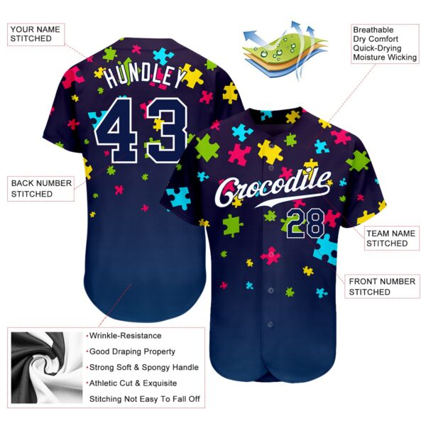 Custom Autism Supporter Awareness Puzzle Pieces Navy-White 3D Authentic Baseball Jersey