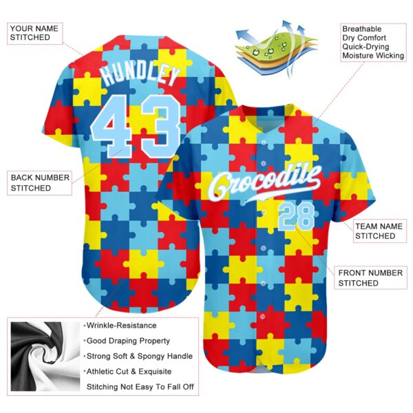 Custom Autism Supporter Awareness Puzzle Pieces Light Blue-White 3D Authentic Baseball Jersey