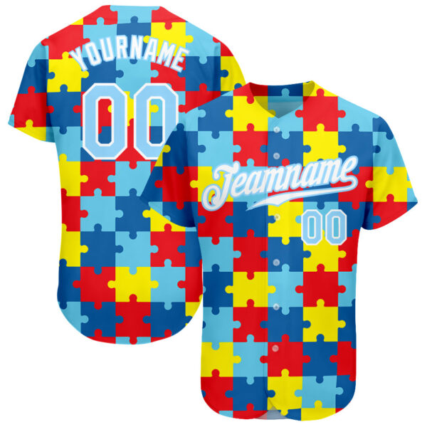 Custom Autism Supporter Awareness Puzzle Pieces Light Blue-White 3D Authentic Baseball Jersey