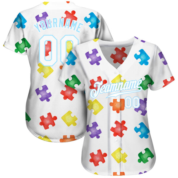 Custom Autism Supporter Awareness Puzzle Pieces White-Light Blue 3D Authentic Baseball Jersey