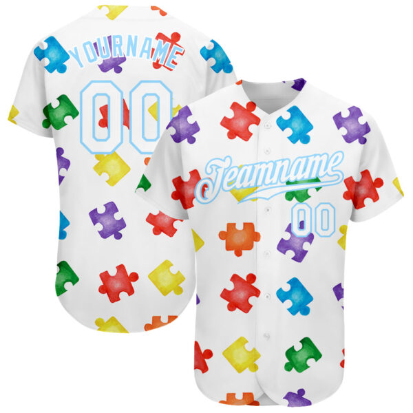 Custom Autism Supporter Awareness Puzzle Pieces White-Light Blue 3D Authentic Baseball Jersey