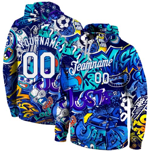 graffiti_pattern_0068 Custom Stitched Graffiti Pattern White-Royal 3D Sports Pullover Sweatshirt Hoodie