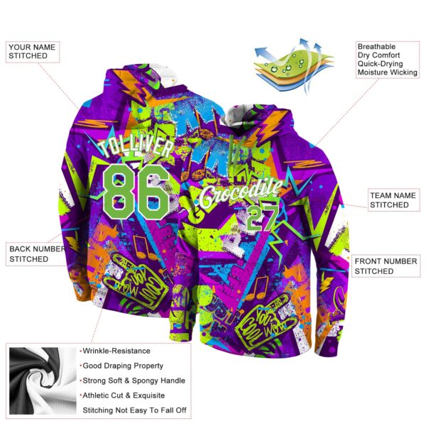 Custom Stitched Graffiti Pattern Neon Green-White 3D Sports Pullover Sweatshirt Hoodie