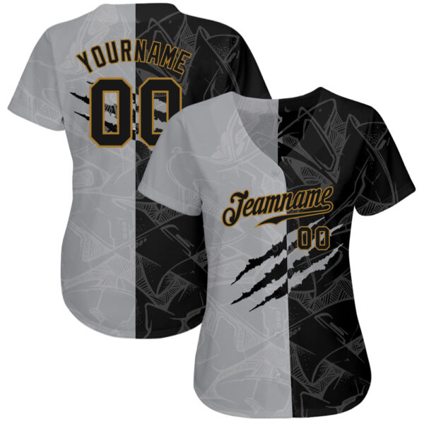 Custom Graffiti Pattern Black-Old Gold 3D Authentic Baseball Jersey