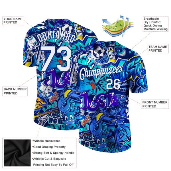 Custom Graffiti Pattern White-Royal 3D Performance T-Shirt