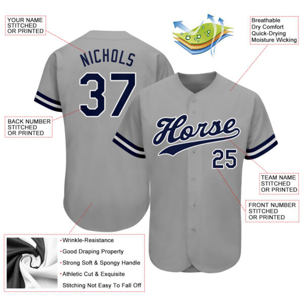 Custom Gray Navy-White Authentic Baseball Jersey
