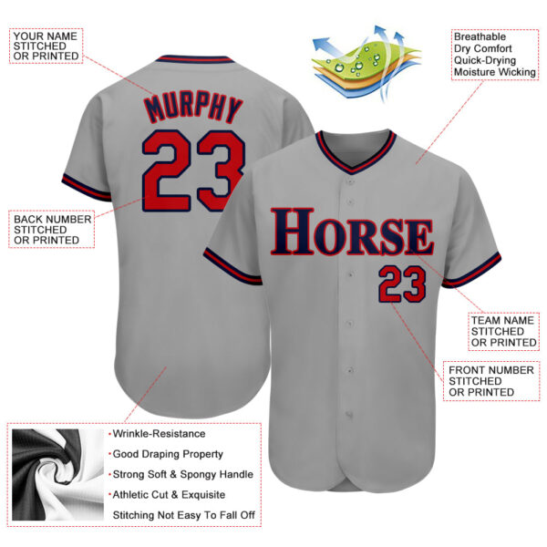 Custom Gray Red-Navy Authentic Baseball Jersey