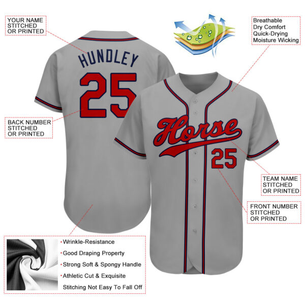 Custom Gray Red-Navy Authentic Baseball Jersey