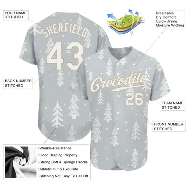 Custom Gray White-Old Gold Christmas 3D Authentic Baseball Jersey
