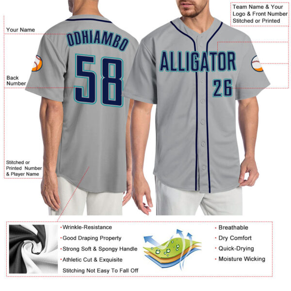 Custom Gray Navy-Teal Authentic Baseball Jersey