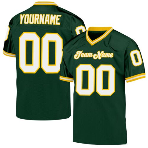green_0054 Custom Green White-Gold Mesh Authentic Throwback Football Jersey