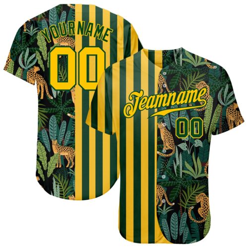 green_0122 Custom Green Gold-Black 3D Pattern Design Leopards And Tropical Palm Leaves Authentic Baseball Jersey
