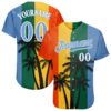 Custom Kelly Green Light Blue-White 3D Pattern Design Hawaii Coconut Trees Authentic Baseball Jersey