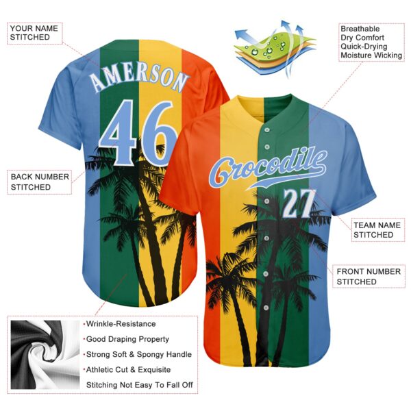 Custom Kelly Green Light Blue-White 3D Pattern Design Hawaii Coconut Trees Authentic Baseball Jersey