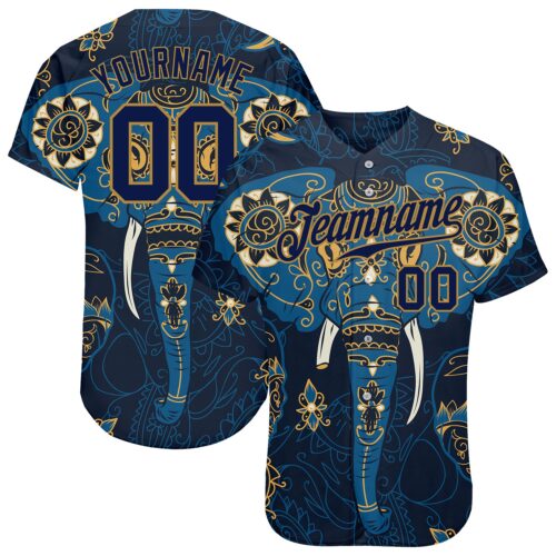 navy_0343 Custom Navy Navy-Old Gold 3D Pattern Design Elephant Authentic Baseball Jersey