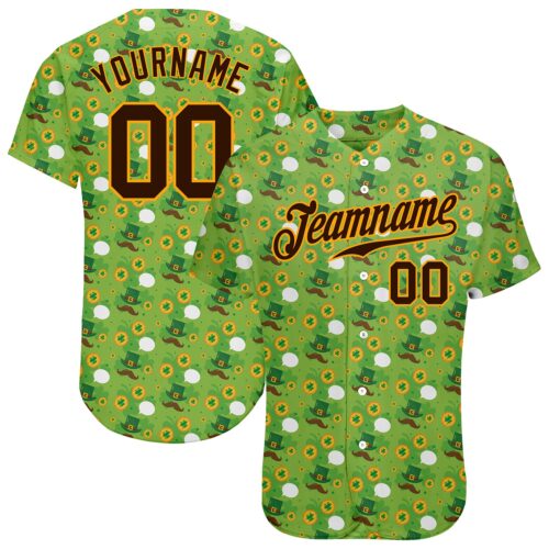 neon_green_0052 Custom Neon Green Brown-Gold 3D Pattern Design Authentic St. Patrick's Day Baseball Jersey
