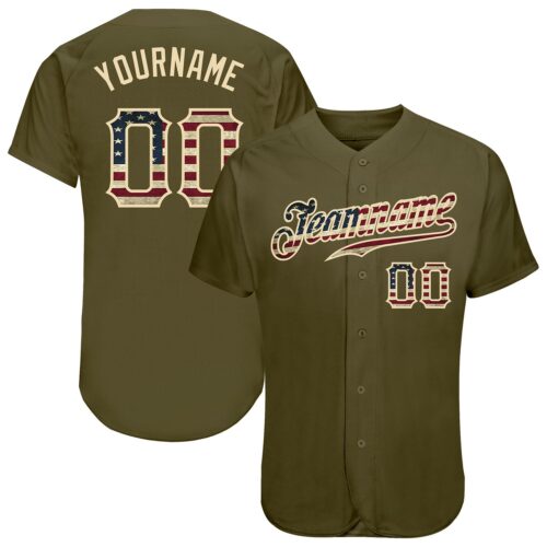 olive_0046 Custom Olive Vintage USA Flag-Cream Authentic Salute To Service Baseball Jersey