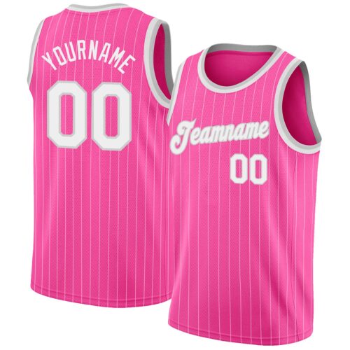 pink_0075 Custom Pink White Pinstripe White-Gray Authentic Basketball Jersey