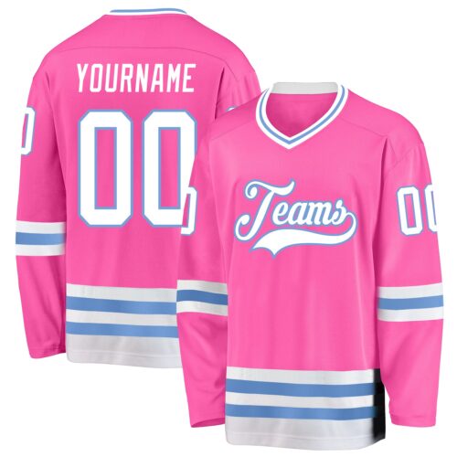 pink_0080 Custom Pink White-Light Blue Hockey Jersey