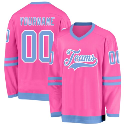 pink_0108 Custom Pink Light Blue-White Hockey Jersey