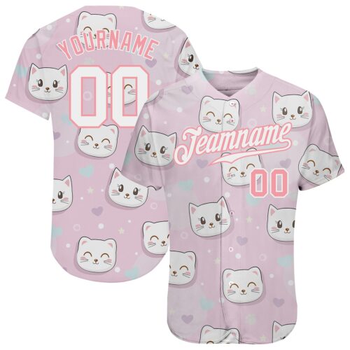 pink_0119 Custom Light Pink White-Light Pink 3D Pattern Design Cats Authentic Baseball Jersey