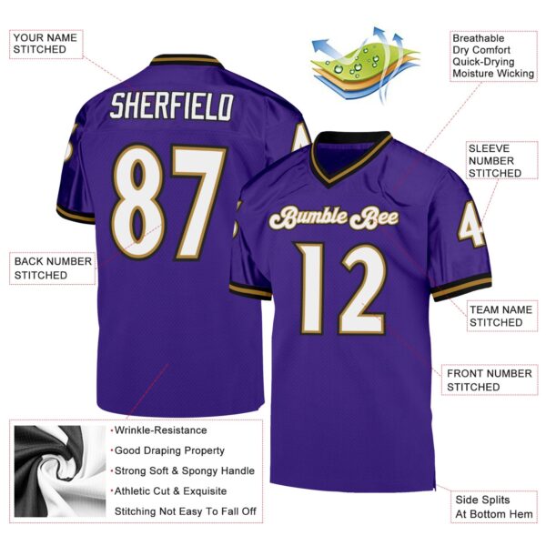 Custom Purple White-Old Gold Mesh Authentic Throwback Football Jersey