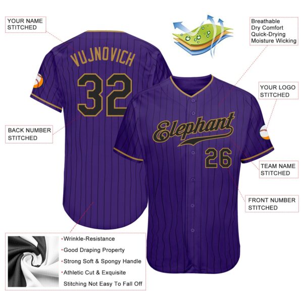 Custom Purple Black Pinstripe Black-Old Gold Authentic Baseball Jersey