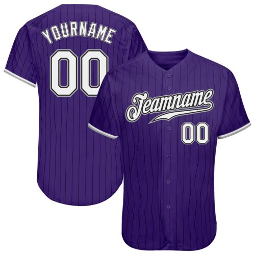 purple_0097 Custom Purple Black Pinstripe White-Gray Authentic Baseball Jersey