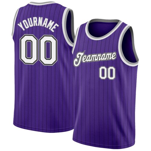 purple_0112 Custom Purple Black Pinstripe White-Gray Authentic Basketball Jersey