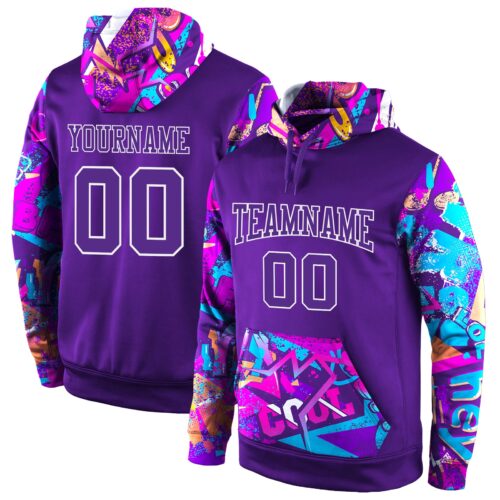 purple_0156 Custom Stitched Purple Purple-White 3D Pattern Design Sports Pullover Sweatshirt Hoodie