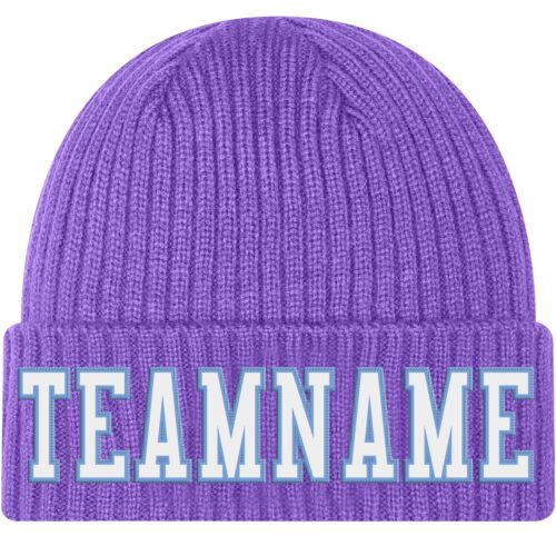 purple_0178 Custom Purple White-Light Blue Stitched Cuffed Knit Hat