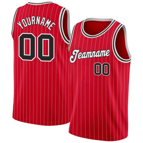 red_0260 Custom Red White Pinstripe Black-White Authentic Basketball Jersey