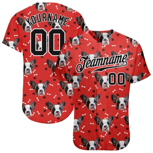 red_0377 Custom Red Black-White 3D Pattern Design Dogs Authentic Baseball Jersey