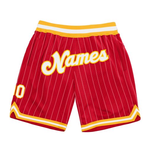 red_0394 Custom Red White Pinstripe White-Gold Authentic Basketball Shorts